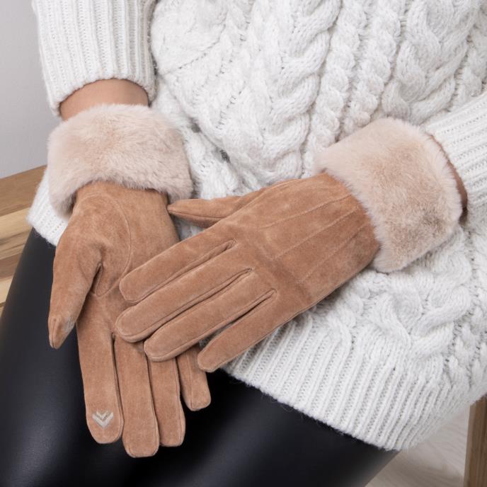 Isotoner® Ladies Three Point Suede SmarTouch Gloves With Faux Fur Cuff Tan